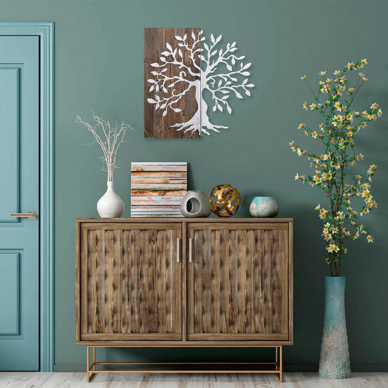 Decoratiune de perete, Tree, Dimensiune: 58 x 58 cm, Nuc / Argint - imagine 7